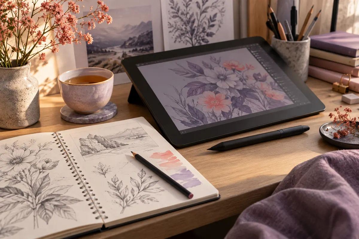 Scrivania da illustratore con una tavoletta grafica, una penna digitale, una tazza di tè e un blocco di schizzi
